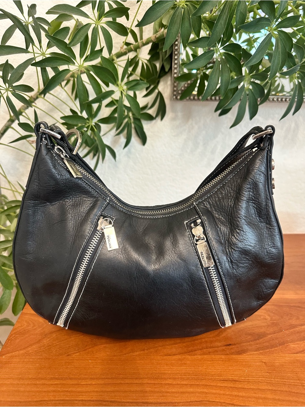 Black Leather Perlina Hobo Shoulder Bag
